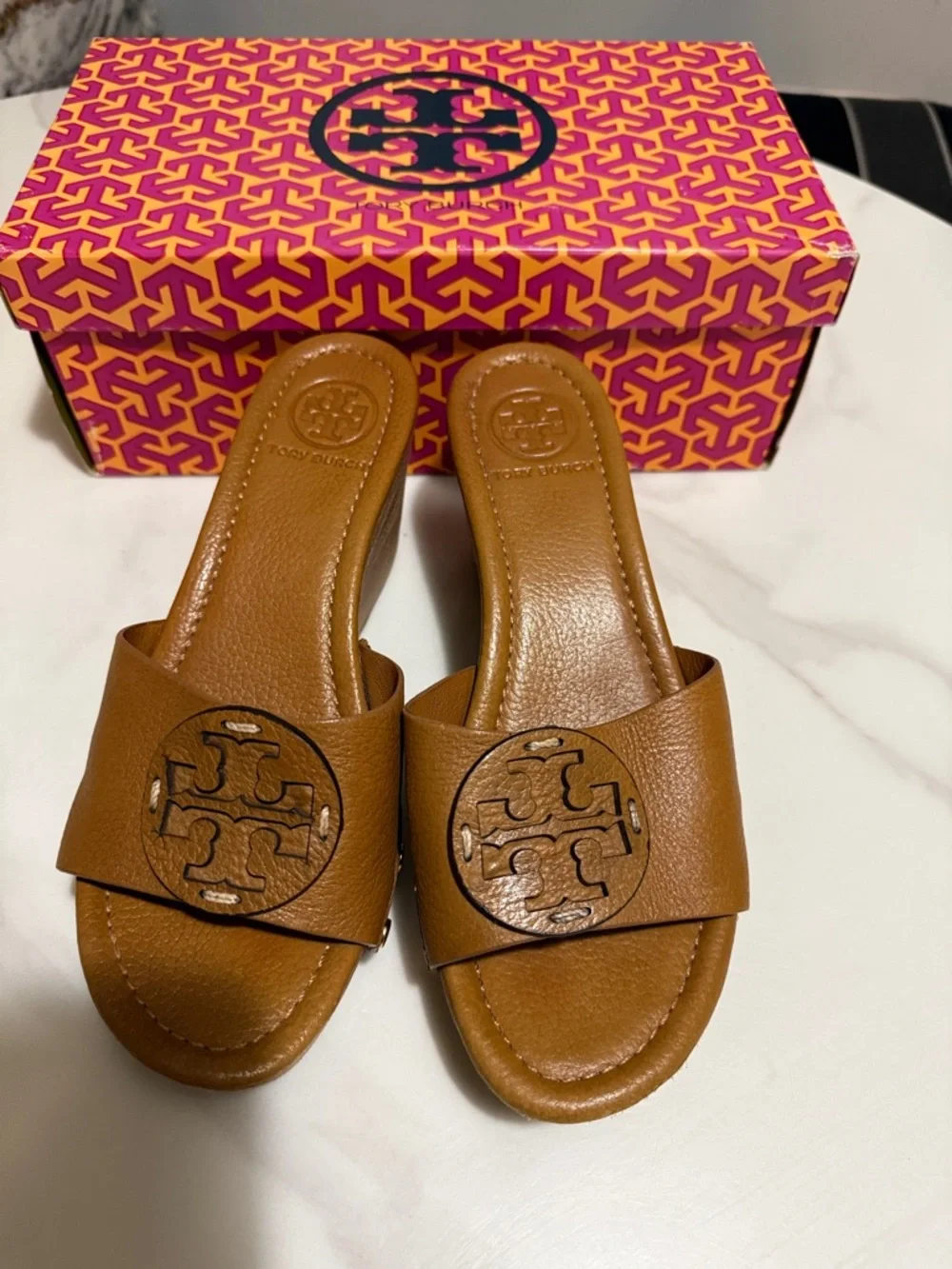 Tory Burch Cognac Leather Wedge Slide Sandals
